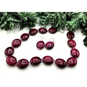 Purple Beaded Necklace and Earrings Set With Oval Resin Beads